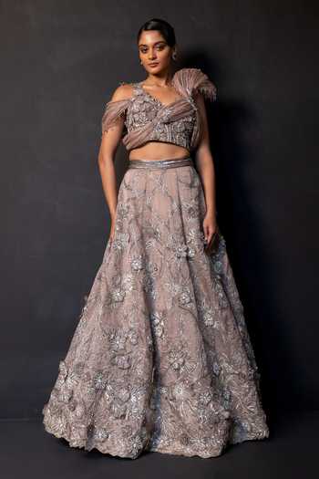 Smriti By Anju Agarwal Ash Rose Draped Blouse & Embroidered Skirt Set 