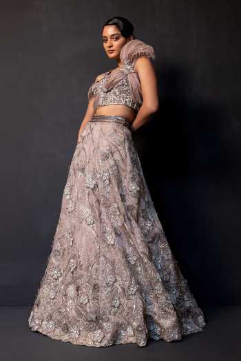 Shop Smriti By Anju Agarwal Brown Satin Sweetheart Neck Ash Rose Draped Blouse And Embroidered Skirt Set Online at Aza Fashions Shop_Smriti By Anju Agarwal_Brown Satin Sweetheart Neck Ash Rose Draped Blouse And Embroidered Skirt Set _Online_at_Aza_Fashions
