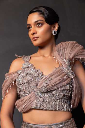 Smriti By Anju Agarwal Brown Satin Sweetheart Neck Ash Rose Draped Blouse And Embroidered Skirt Set at Aza Fashions Smriti By Anju Agarwal_Brown Satin Sweetheart Neck Ash Rose Draped Blouse And Embroidered Skirt Set _at_Aza_Fashions