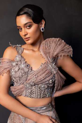 Buy Smriti By Anju Agarwal Brown Satin Sweetheart Neck Ash Rose Draped Blouse And Embroidered Skirt Set Buy_Smriti By Anju Agarwal_Brown Satin Sweetheart Neck Ash Rose Draped Blouse And Embroidered Skirt Set