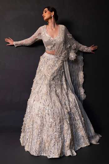 Smriti By Anju Agarwal Ivory Tulle, Net Scoop Neck Noor Eclat Embellished Lehenga And Blouse Set Online at Aza Fashions Smriti By Anju Agarwal_Ivory Tulle, Net Scoop Neck Noor Eclat Embellished Lehenga And Blouse Set _Online_at_Aza_Fashions