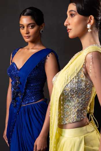 Smriti By Anju Agarwal Green Georgette, Chinon Lumi Lime Pre-draped Sareee With Embellished Corset Online at Aza Fashions Smriti By Anju Agarwal_Green Georgette, Chinon Lumi Lime Pre-draped Sareee With Embellished Corset _Online_at_Aza_Fashions