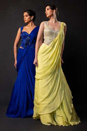Smriti By Anju Agarwal Green Georgette, Chinon Lumi Lime Pre-draped Sareee With Embellished Corset at Aza Fashions Smriti By Anju Agarwal_Green Georgette, Chinon Lumi Lime Pre-draped Sareee With Embellished Corset _at_Aza_Fashions