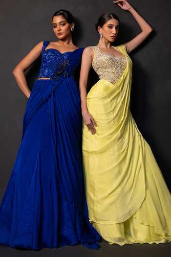 Buy Smriti By Anju Agarwal Green Georgette, Chinon Lumi Lime Pre-draped Sareee With Embellished Corset Buy_Smriti By Anju Agarwal_Green Georgette, Chinon Lumi Lime Pre-draped Sareee With Embellished Corset
