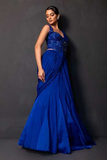 Smriti By Anju Agarwal Blue Georgette, Chinon Royal Pre-draped Saree With Tonal Embroidered Corset Online at Aza Fashions Smriti By Anju Agarwal_Blue Georgette, Chinon Royal Pre-draped Saree With Tonal Embroidered Corset _Online_at_Aza_Fashions