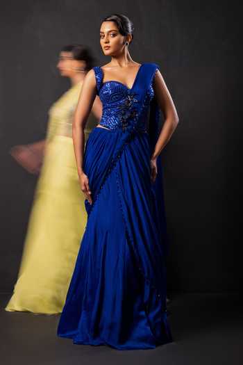 Buy Smriti By Anju Agarwal Blue Georgette, Chinon Royal Pre-draped Saree With Tonal Embroidered Corset Online at Aza Fashions Buy_Smriti By Anju Agarwal_Blue Georgette, Chinon Royal Pre-draped Saree With Tonal Embroidered Corset _Online_at_Aza_Fashions