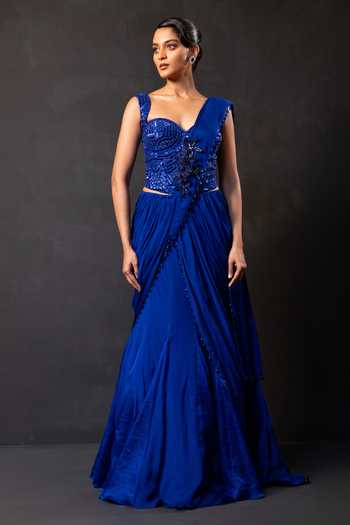 Shop Smriti By Anju Agarwal Blue Georgette, Chinon Royal Pre-draped Saree With Tonal Embroidered Corset Online at Aza Fashions Shop_Smriti By Anju Agarwal_Blue Georgette, Chinon Royal Pre-draped Saree With Tonal Embroidered Corset _Online_at_Aza_Fashions
