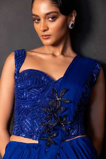 Smriti By Anju Agarwal Blue Georgette, Chinon Royal Pre-draped Saree With Tonal Embroidered Corset at Aza Fashions Smriti By Anju Agarwal_Blue Georgette, Chinon Royal Pre-draped Saree With Tonal Embroidered Corset _at_Aza_Fashions