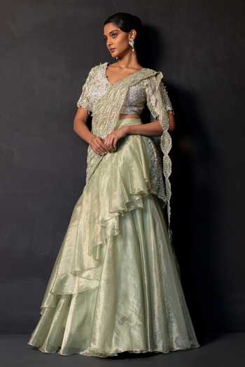 Smriti By Anju Agarwal Fern Aura Pre-Draped Ruffle Saree With Blouse