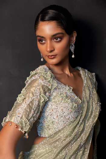 Shop Smriti By Anju Agarwal Green Organza, Tissue V-neck Fern Aura Pre-draped Ruffle Saree With Blouse Online at Aza Fashions Shop_Smriti By Anju Agarwal_Green Organza, Tissue V-neck Fern Aura Pre-draped Ruffle Saree With Blouse _Online_at_Aza_Fashions