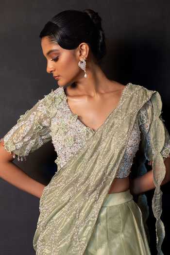 Smriti By Anju Agarwal Green Organza, Tissue V-neck Fern Aura Pre-draped Ruffle Saree With Blouse at Aza Fashions Smriti By Anju Agarwal_Green Organza, Tissue V-neck Fern Aura Pre-draped Ruffle Saree With Blouse _at_Aza_Fashions