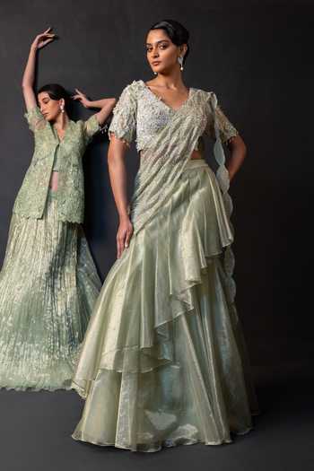 Buy Smriti By Anju Agarwal Green Organza, Tissue V-neck Fern Aura Pre-draped Ruffle Saree With Blouse Buy_Smriti By Anju Agarwal_Green Organza, Tissue V-neck Fern Aura Pre-draped Ruffle Saree With Blouse