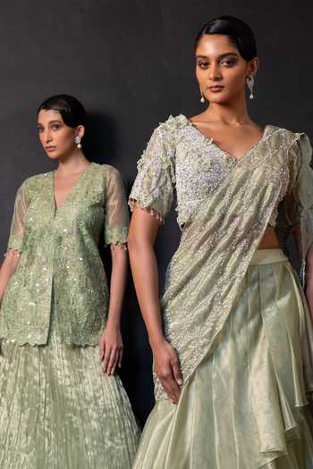 Shop_Smriti By Anju Agarwal_Green Tissue V-neck Haze Embroidered Top And Skirt Set _Online_at_Aza_Fashions
