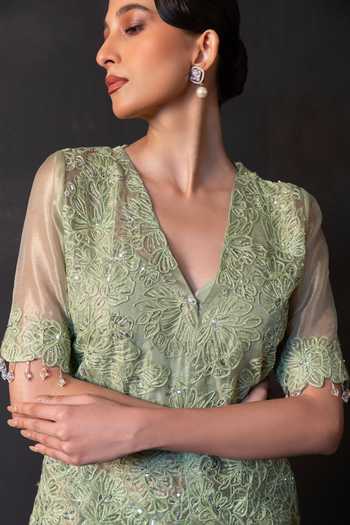 Smriti By Anju Agarwal_Green Tissue V-neck Haze Embroidered Top And Skirt Set _at_Aza_Fashions
