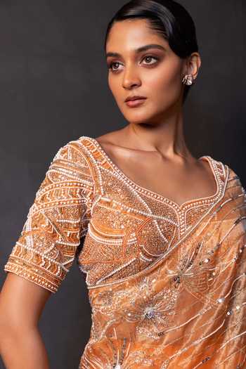 Shop Smriti By Anju Agarwal Orange Organza, Tissue Scoop Glowing Zest Drape Attached Lehenga With Blouse Online at Aza Fashions Shop_Smriti By Anju Agarwal_Orange Organza, Tissue Scoop Glowing Zest Drape Attached Lehenga With Blouse _Online_at_Aza_Fashions