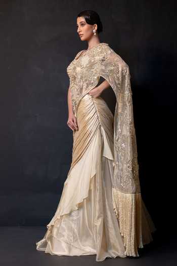 Smriti By Anju Agarwal Gold Tissue, Chinon Round Neck Serenity Embellished Drape Attached Lehenga Set Online at Aza Fashions Smriti By Anju Agarwal_Gold Tissue, Chinon Round Neck Serenity Embellished Drape Attached Lehenga Set _Online_at_Aza_Fashions