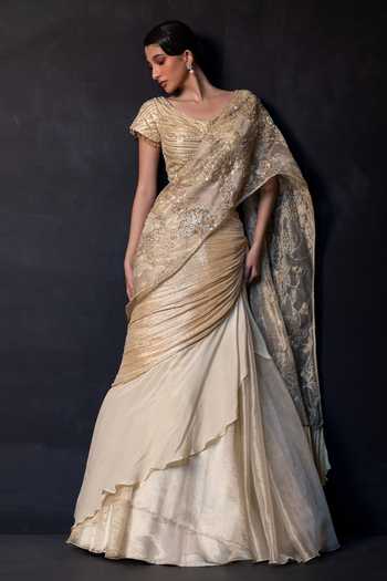 Smriti By Anju Agarwal Golden Serenity Embellished Drape Attached Lehenga Set 