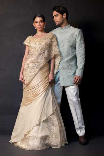 Buy Smriti By Anju Agarwal Gold Tissue, Chinon Round Neck Serenity Embellished Drape Attached Lehenga Set Online at Aza Fashions Buy_Smriti By Anju Agarwal_Gold Tissue, Chinon Round Neck Serenity Embellished Drape Attached Lehenga Set _Online_at_Aza_Fashions