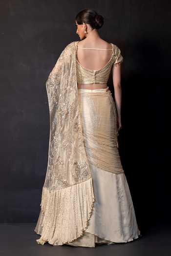Smriti By Anju Agarwal Golden Serenity Embellished Drape Attached Lehenga Set 