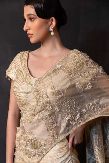 Shop Smriti By Anju Agarwal Gold Tissue, Chinon Round Neck Serenity Embellished Drape Attached Lehenga Set Online at Aza Fashions Shop_Smriti By Anju Agarwal_Gold Tissue, Chinon Round Neck Serenity Embellished Drape Attached Lehenga Set _Online_at_Aza_Fashions