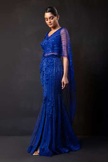 Buy Smriti By Anju Agarwal Blue Net Scoop Neck Midnight Bloom Embellished Pre-draped Saree Set Online at Aza Fashions Buy_Smriti By Anju Agarwal_Blue Net Scoop Neck Midnight Bloom Embellished Pre-draped Saree Set _Online_at_Aza_Fashions