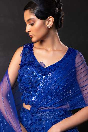Smriti By Anju Agarwal Blue Net Scoop Neck Midnight Bloom Embellished Pre-draped Saree Set at Aza Fashions Smriti By Anju Agarwal_Blue Net Scoop Neck Midnight Bloom Embellished Pre-draped Saree Set _at_Aza_Fashions