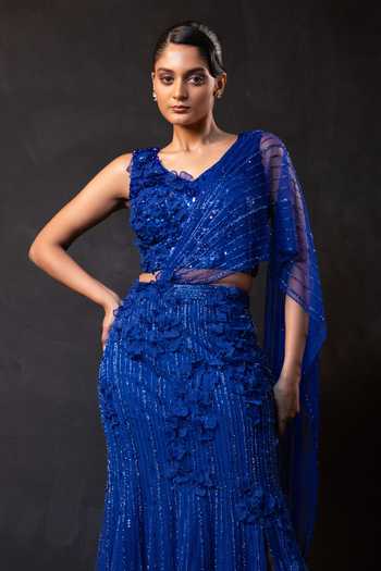 Buy Smriti By Anju Agarwal Blue Net Scoop Neck Midnight Bloom Embellished Pre-draped Saree Set Buy_Smriti By Anju Agarwal_Blue Net Scoop Neck Midnight Bloom Embellished Pre-draped Saree Set