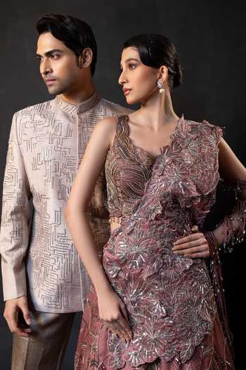 Smriti By Anju Agarwal_Pink Organza, Satin Rosewood Reverie Drape Attached Lehenga With Blouse _Online_at_Aza_Fashions