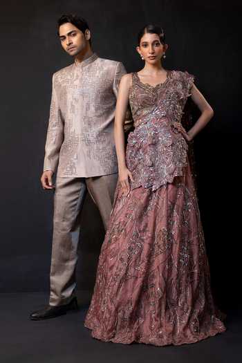 Buy_Smriti By Anju Agarwal_Pink Organza, Satin Rosewood Reverie Drape Attached Lehenga With Blouse _Online_at_Aza_Fashions