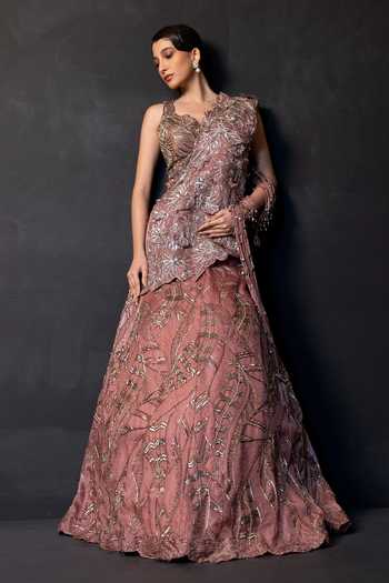 Smriti By Anju Agarwal Rosewood Reverie Drape Attached Lehenga With Blouse