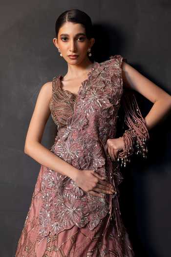 Shop_Smriti By Anju Agarwal_Pink Organza, Satin Rosewood Reverie Drape Attached Lehenga With Blouse _Online_at_Aza_Fashions