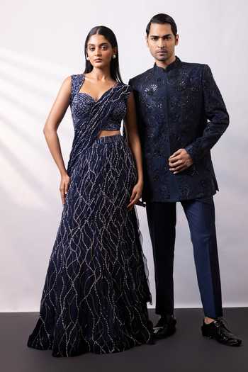 Smriti By Anju Agarwal Blue Georgette Sweetheart Neck Lunar Noir Embellished Pre-draped Saree Set Online at Aza Fashions Smriti By Anju Agarwal_Blue Georgette Sweetheart Neck Lunar Noir Embellished Pre-draped Saree Set _Online_at_Aza_Fashions