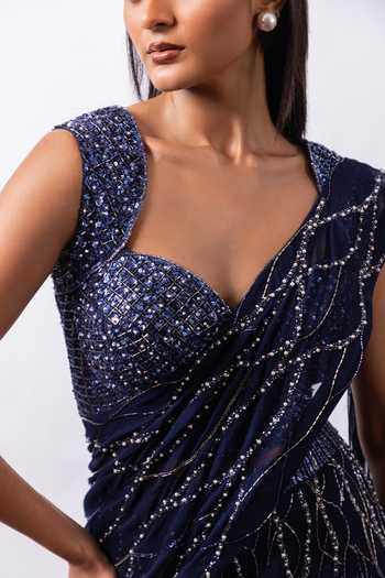 Buy Smriti By Anju Agarwal Blue Georgette Sweetheart Neck Lunar Noir Embellished Pre-draped Saree Set Online at Aza Fashions Buy_Smriti By Anju Agarwal_Blue Georgette Sweetheart Neck Lunar Noir Embellished Pre-draped Saree Set _Online_at_Aza_Fashions