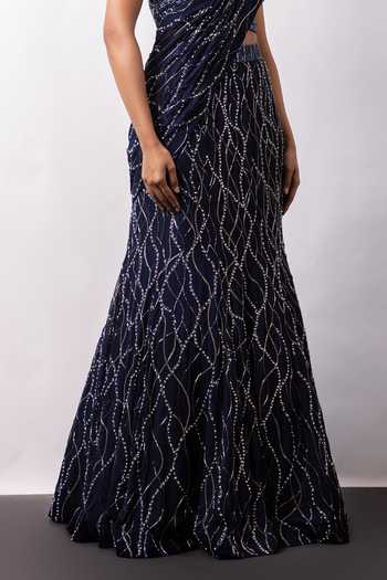 Shop Smriti By Anju Agarwal Blue Georgette Sweetheart Neck Lunar Noir Embellished Pre-draped Saree Set Online at Aza Fashions Shop_Smriti By Anju Agarwal_Blue Georgette Sweetheart Neck Lunar Noir Embellished Pre-draped Saree Set _Online_at_Aza_Fashions