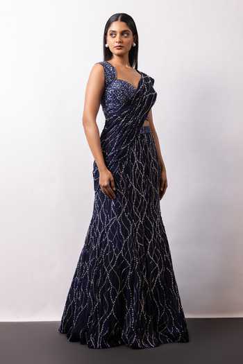 Smriti By Anju Agarwal Blue Georgette Sweetheart Neck Lunar Noir Embellished Pre-draped Saree Set at Aza Fashions Smriti By Anju Agarwal_Blue Georgette Sweetheart Neck Lunar Noir Embellished Pre-draped Saree Set _at_Aza_Fashions