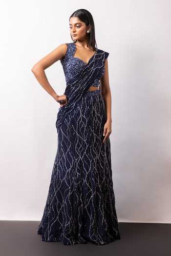 Smriti By Anju Agarwal Lunar Noir Embellished Pre-Draped Saree Set 