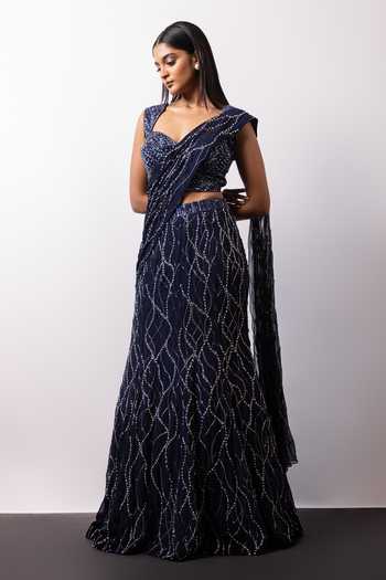 Buy Smriti By Anju Agarwal Blue Georgette Sweetheart Neck Lunar Noir Embellished Pre-draped Saree Set Buy_Smriti By Anju Agarwal_Blue Georgette Sweetheart Neck Lunar Noir Embellished Pre-draped Saree Set