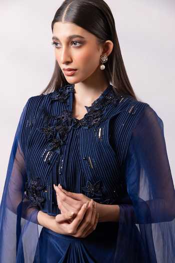 Smriti By Anju Agarwal_Blue Organza, Chinon High Neck, Sweetheart Royal Shadow Beadwork Cape Skirt Set _Online_at_Aza_Fashions