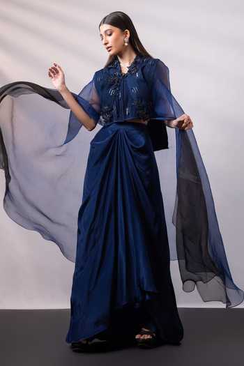 Buy_Smriti By Anju Agarwal_Blue Organza, Chinon High Neck, Sweetheart Royal Shadow Beadwork Cape Skirt Set _Online_at_Aza_Fashions