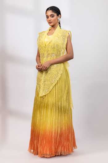 Smriti By Anju Agarwal_Yellow Organza, Tissue Embroidery, Sequins Citrus Ombre Skirt And Overlay Set _Online_at_Aza_Fashions