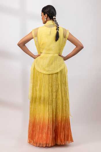 Smriti By Anju Agarwal Citrus Ombre Skirt & Embroidered Overlay Set 