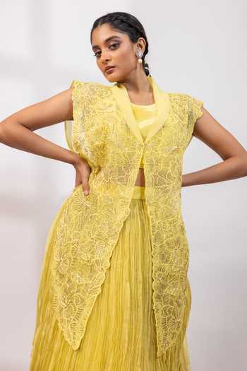 Buy_Smriti By Anju Agarwal_Yellow Organza, Tissue Embroidery, Sequins Citrus Ombre Skirt And Overlay Set _Online_at_Aza_Fashions