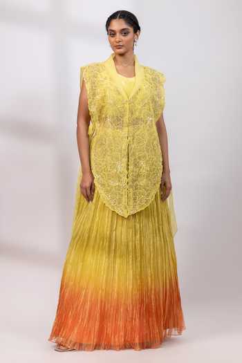 Shop_Smriti By Anju Agarwal_Yellow Organza, Tissue Embroidery, Sequins Citrus Ombre Skirt And Overlay Set _Online_at_Aza_Fashions