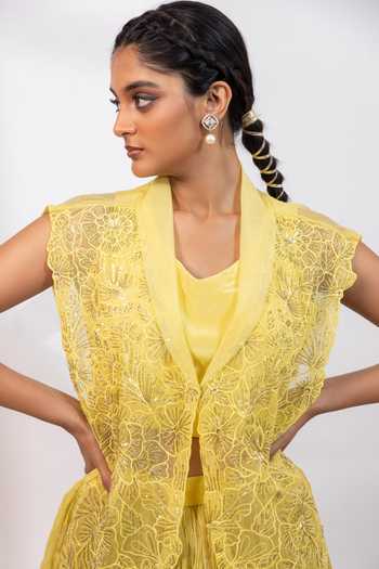 Smriti By Anju Agarwal_Yellow Organza, Tissue Embroidery, Sequins Citrus Ombre Skirt And Overlay Set _at_Aza_Fashions