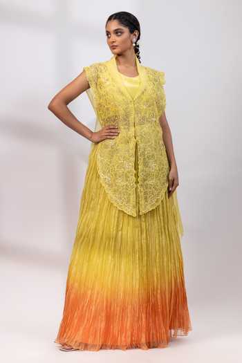 Smriti By Anju Agarwal Citrus Ombre Skirt & Embroidered Overlay Set 
