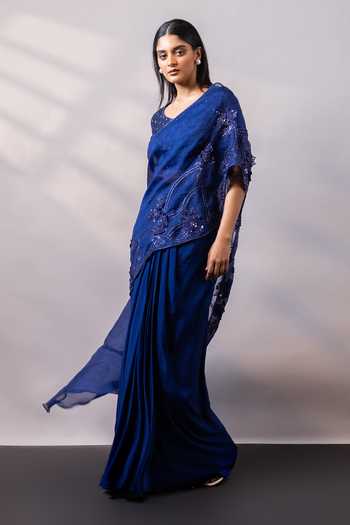 Smriti By Anju Agarwal Sapphire Silk, Organza, Crepe V-neck Nightfall Embroidered Pre-draped Saree Set Online at Aza Fashions Smriti By Anju Agarwal_Sapphire Silk, Organza, Crepe V-neck Nightfall Embroidered Pre-draped Saree Set _Online_at_Aza_Fashions