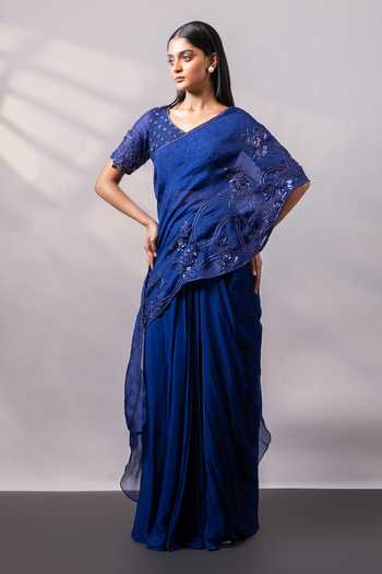 Smriti By Anju Agarwal Nightfall Embroidered Pre-Draped Saree Set