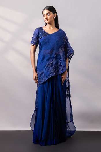 Buy Smriti By Anju Agarwal Sapphire Silk, Organza, Crepe V-neck Nightfall Embroidered Pre-draped Saree Set Online at Aza Fashions Buy_Smriti By Anju Agarwal_Sapphire Silk, Organza, Crepe V-neck Nightfall Embroidered Pre-draped Saree Set _Online_at_Aza_Fashions