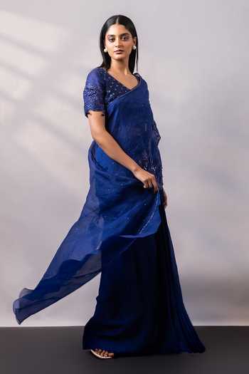 Smriti By Anju Agarwal Sapphire Silk, Organza, Crepe V-neck Nightfall Embroidered Pre-draped Saree Set at Aza Fashions Smriti By Anju Agarwal_Sapphire Silk, Organza, Crepe V-neck Nightfall Embroidered Pre-draped Saree Set _at_Aza_Fashions