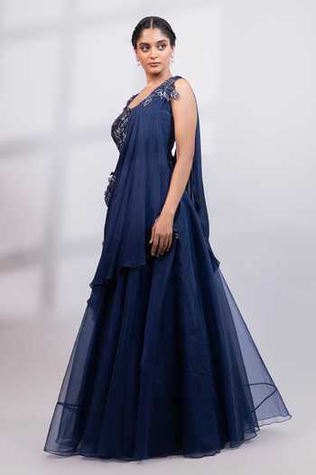 Smriti By Anju Agarwal_Navy Organza Square Neck Eclipse Fall Applique Embroidered Blouse Lehenga Set _Online_at_Aza_Fashions